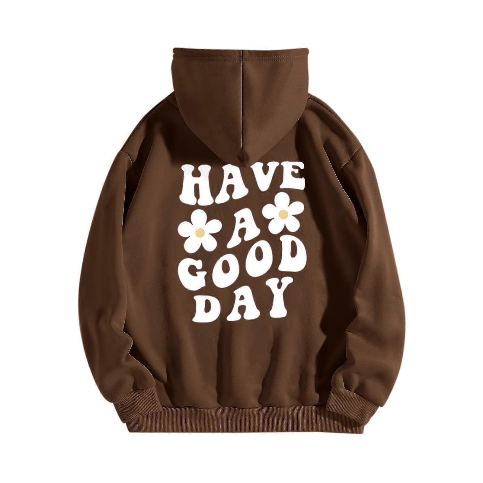 Sweat Jacket Women's Oversized Pullover Hoodie with Have a Good Day Print, Long Sleeve, Plus Size, O Khaki, XL Y2K Streetwear