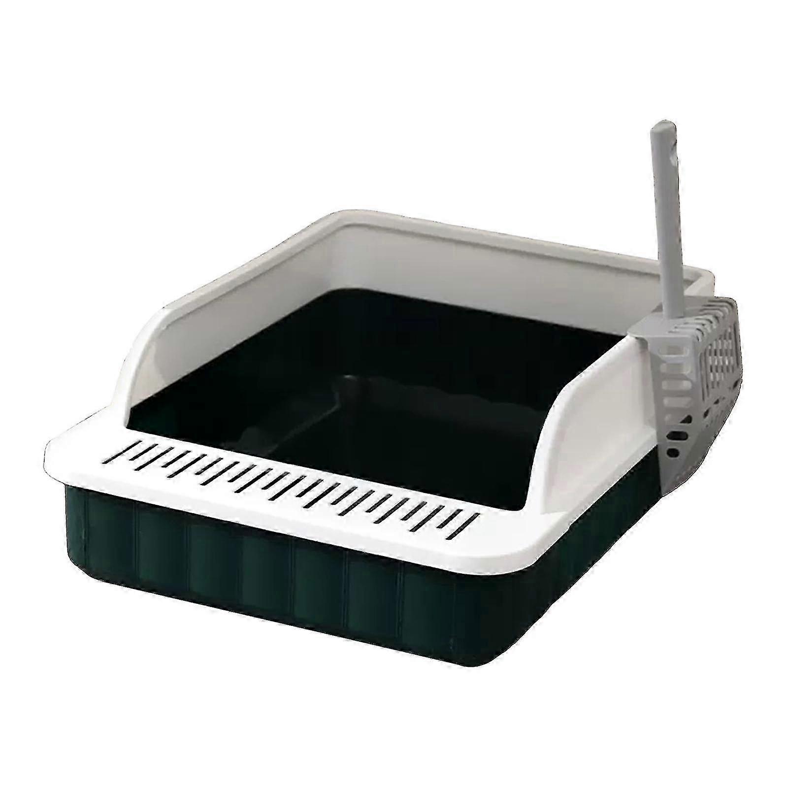 High-Sided Cat Litter Tray with Deep Design - Dark Green & White Potty for Small Pets