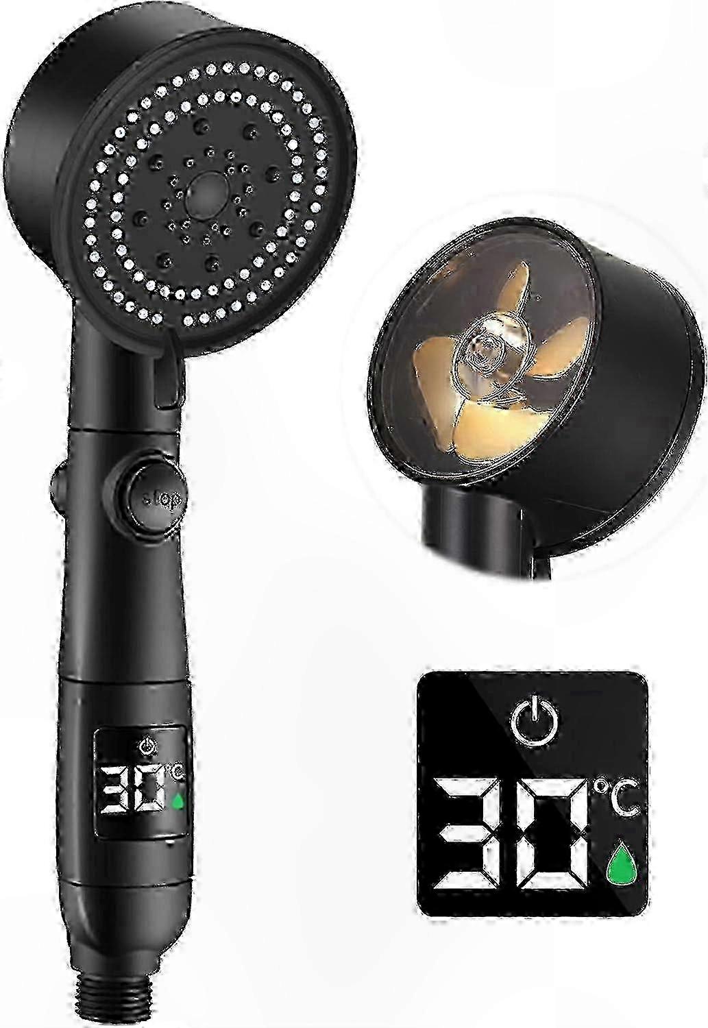 High-Pressure Shower Head, Turbo Handheld with Temperature Display, 5 Modes Rain Shower, Water-Saving Design, Stop Switch Functionality