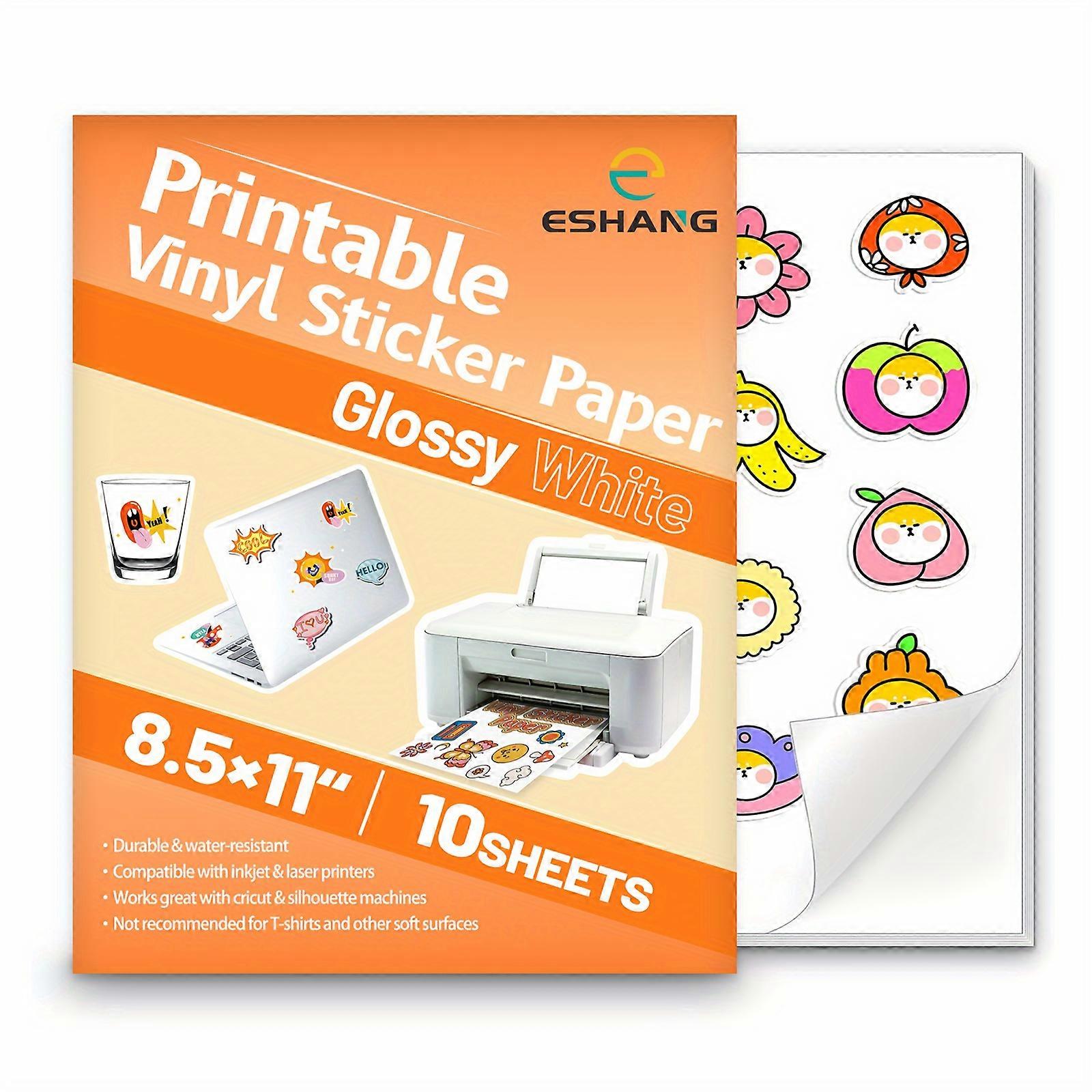 10 Sheets Letter Size Glossy White Printable Vinyl Sticker Paper, 8.5" x 11" Compatible with Inkjet and Laser Printers Self-Adhesive Waterproof Glossy