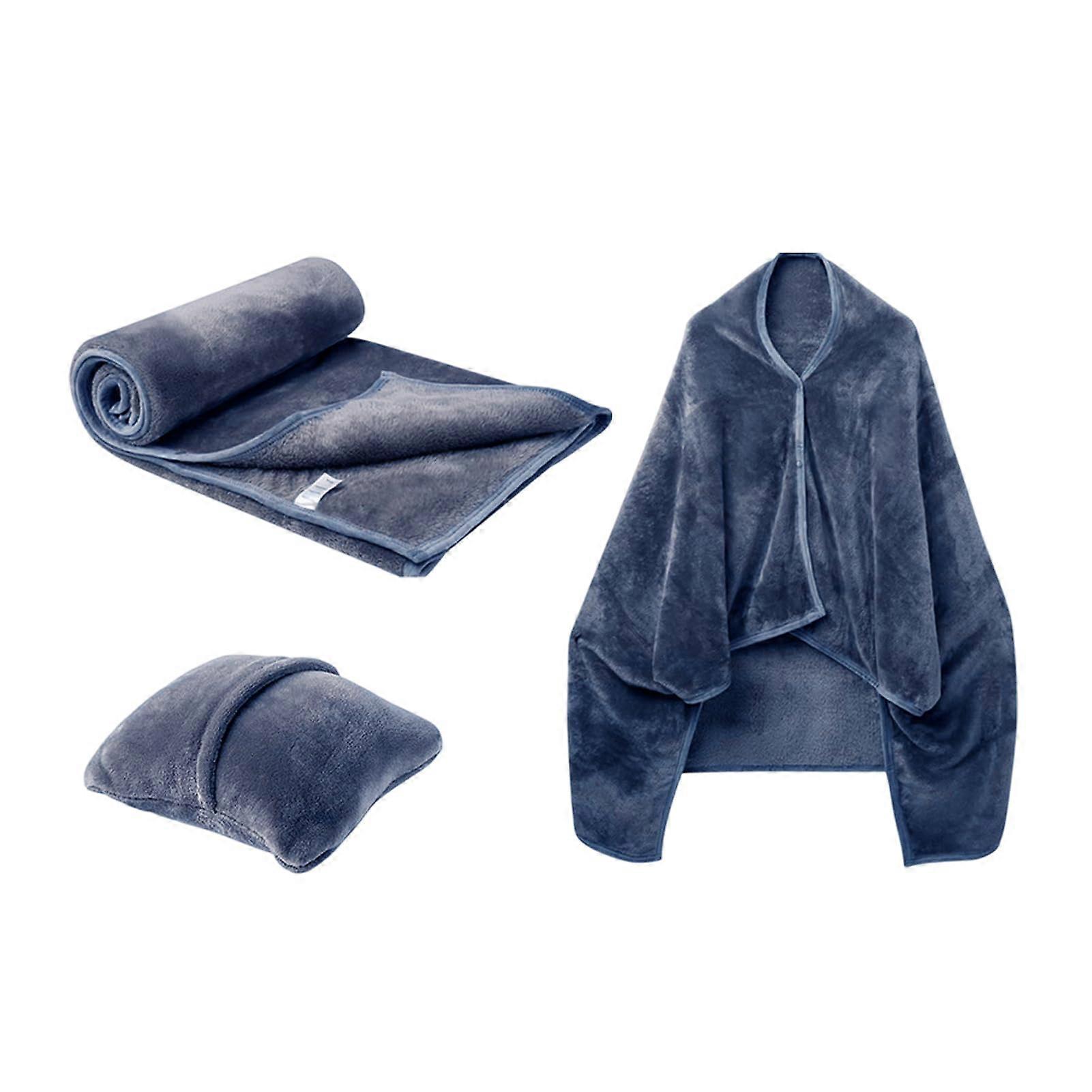 Travel Pillow and Blanket Combo Navy Blue Lightweight Flannel Airplane Blanket Soft Shawl for Travelers
