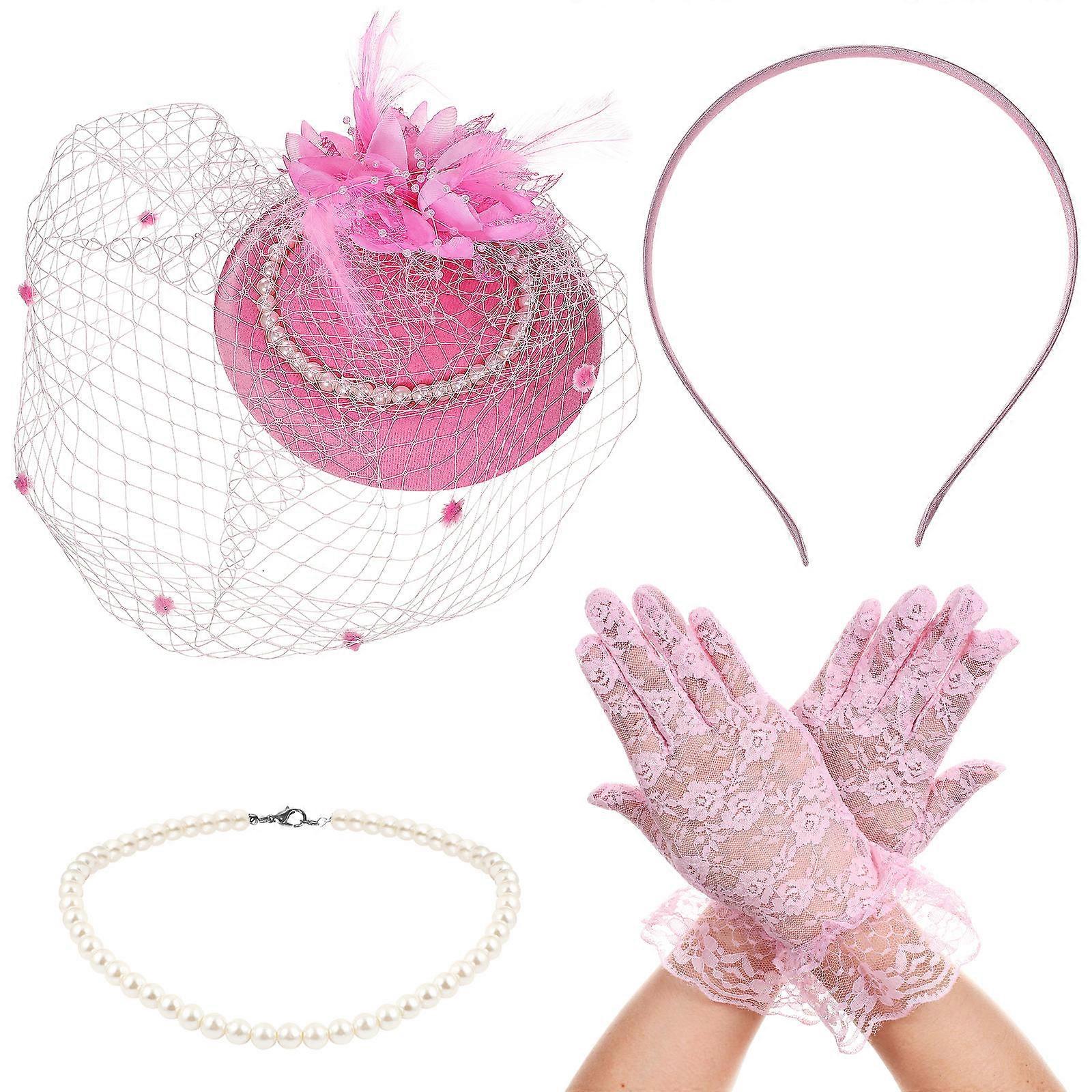 Fascinator Hat Necklace Set with Gloves 4Sets for Tea Party Accessories