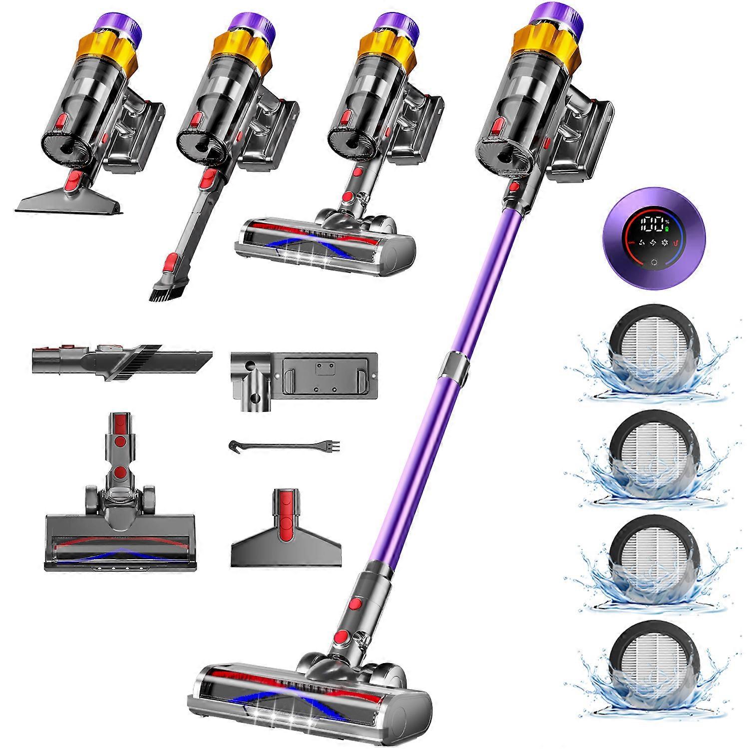 Odkurzacz pionowy bezprzewodowy Minnouat – siła ssania 60000 Pa – czas pracy 70 min – 3 prędkości – ekran dotykowy – samonośny – 1,8 l – odkurzacz do sierści zwierząt – fioletowy