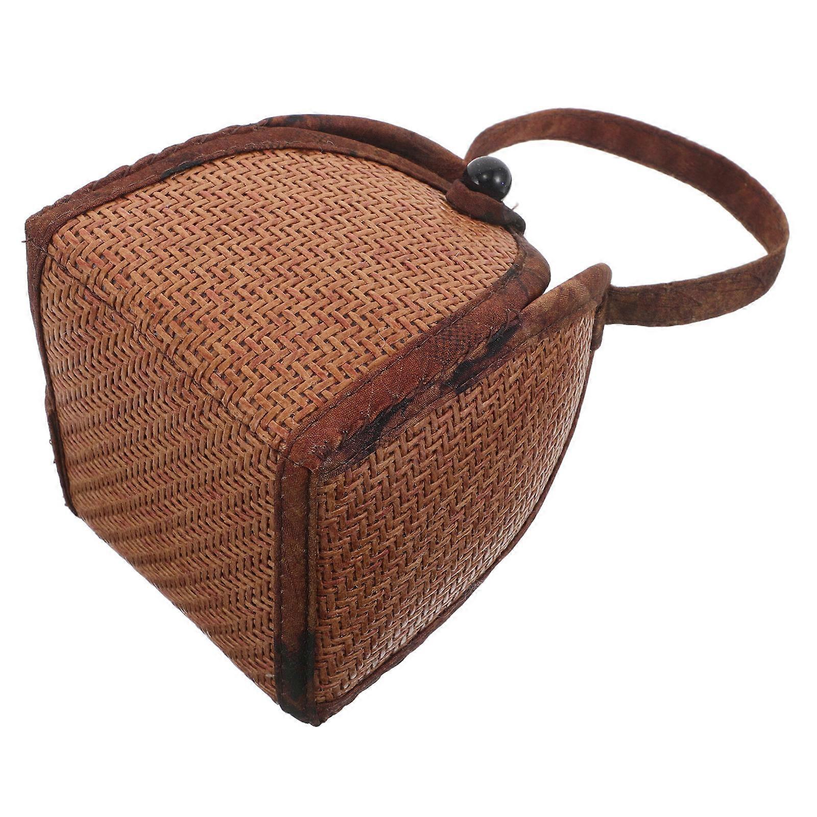 Tea Set Carry Case Light Brown Handmade Rattan Bag with Easy Carry Handle Design