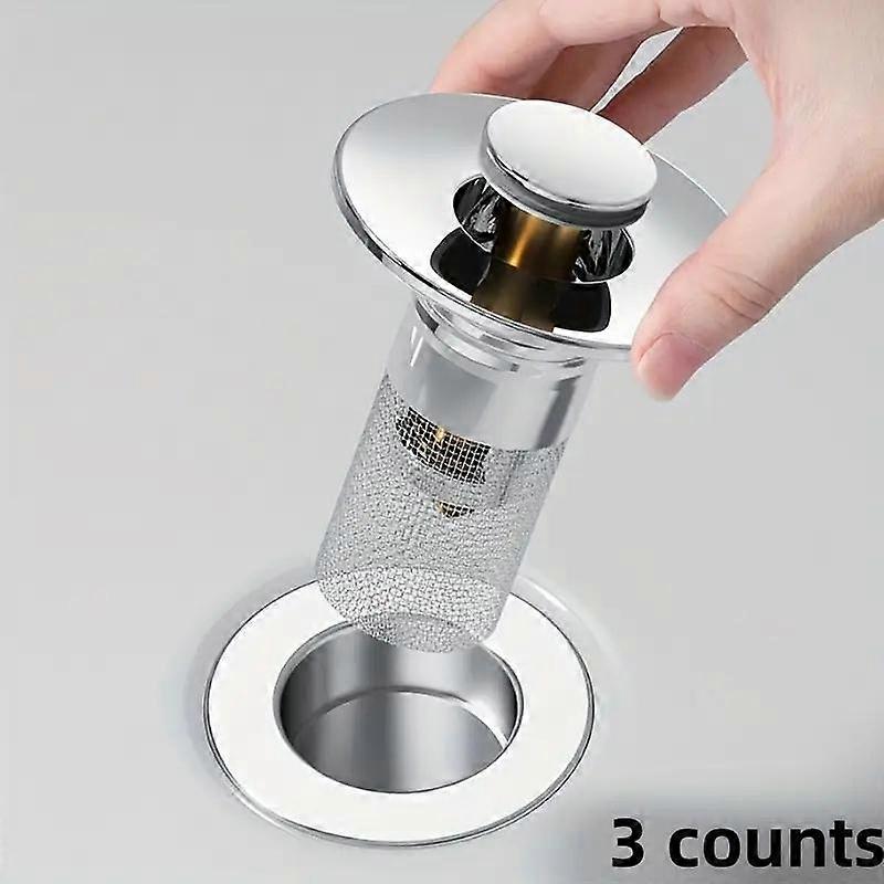 Avløpsplugg i rustfritt stål til baderomsvask, 3 stk. støvtett avløpsplugg med flokkfanger og filterkurv i rustfritt stål, avløpsplugg til baderomsvask