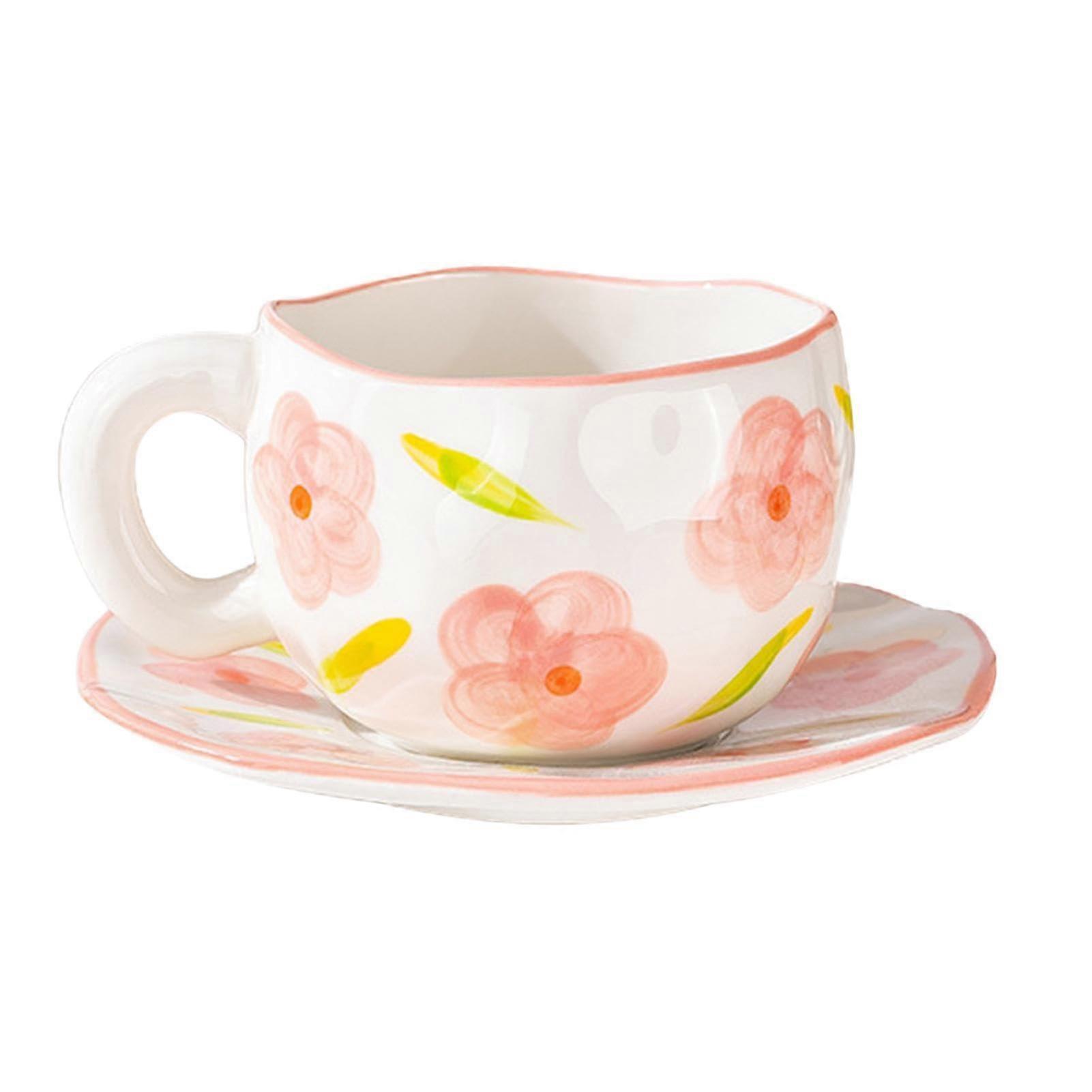 Hand Painted Coffee Cup With Saucer Irregular Shape Cup And Saucer Sets Flower Design Mug Wide Cup Body