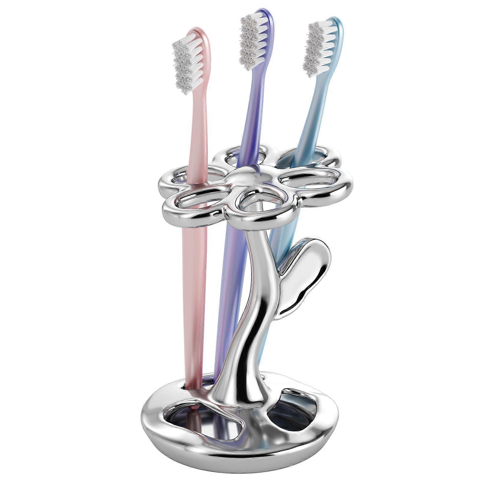 Toothbrush Holder for Bathroom, Ceramic Flower Shape Organizer for 6 Brushes, Silver
