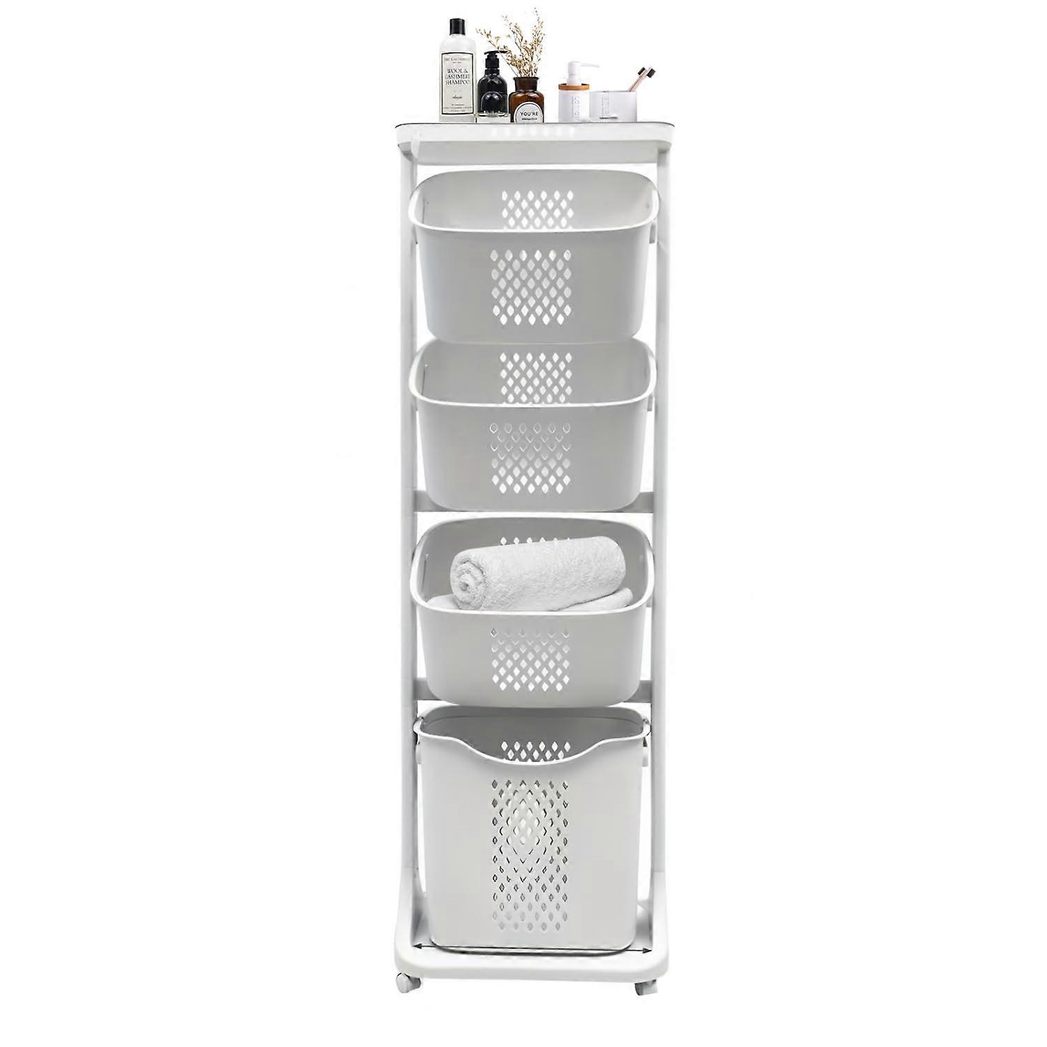 4Tier Laundry Hamper Sorter with Rolling Removable Baskets, Bathroom Clothes Storage Cart, White