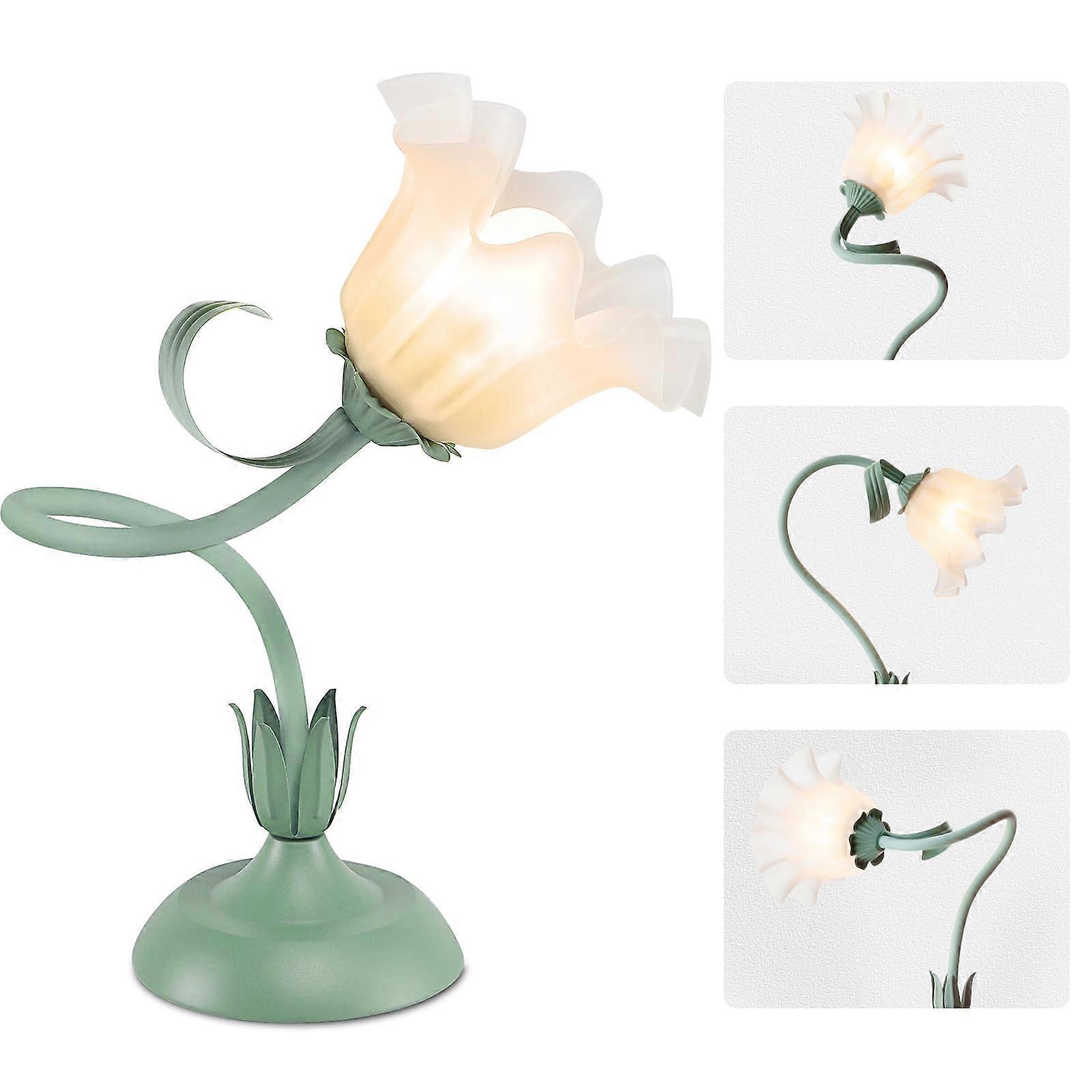 Vintage Flower Bedside Table Lamp with 3 Color LED Bulb, Adjustable Stem, Soft Light, Green