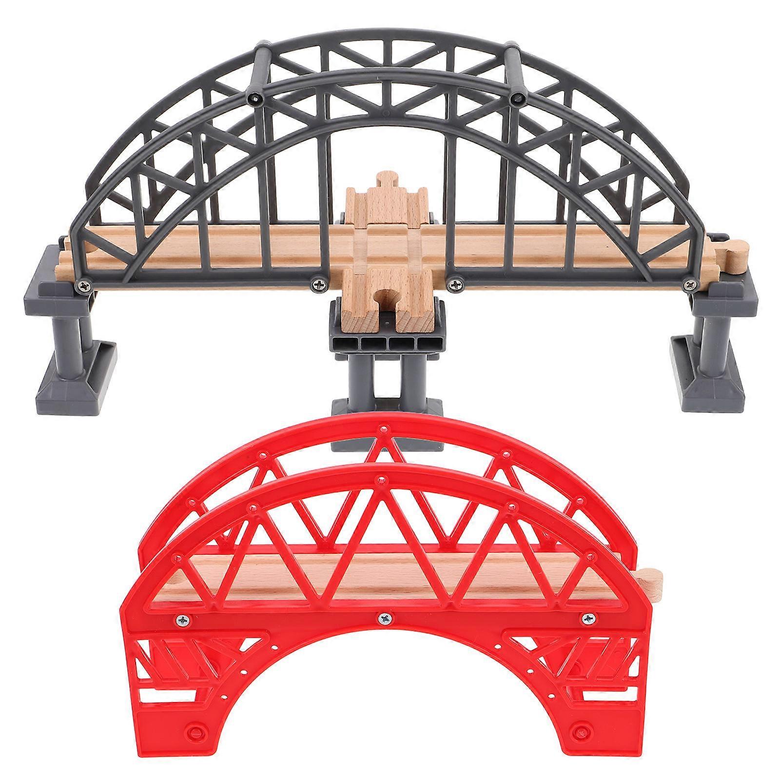 Fire Train Track Accessories Red Wooden Bridge Model for 2Pcs