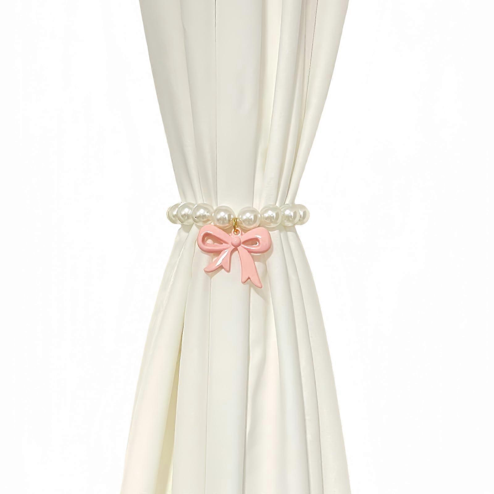 2 Pack Magnetic Pearl Curtain Tiebacks with Cute Pink Bow Design for Tool Window Decor