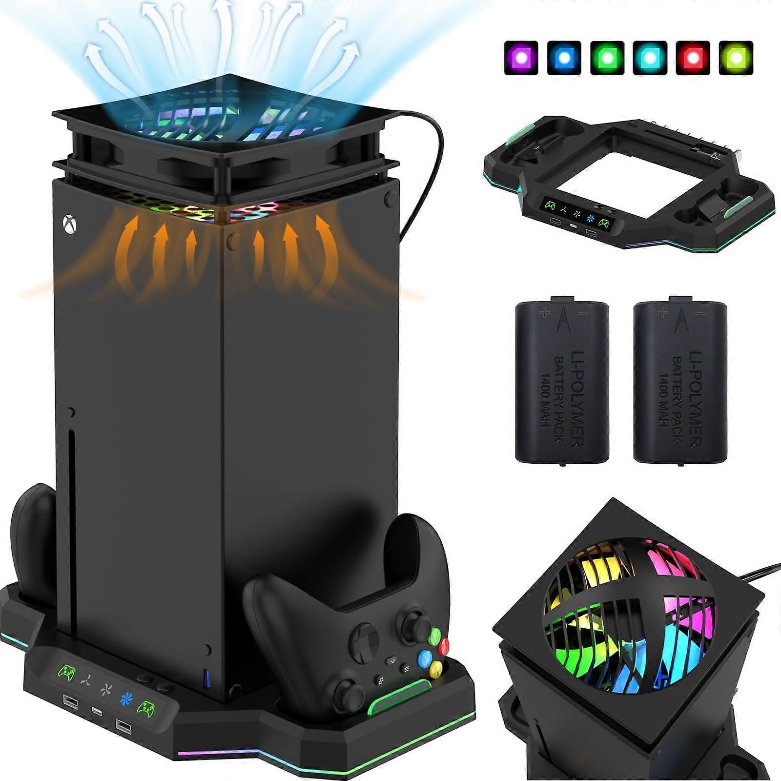 Cooling Fan with Dual Controller Charging, RGB Lights, 1400mAh Batteries and Game Storage for Xbox Series X