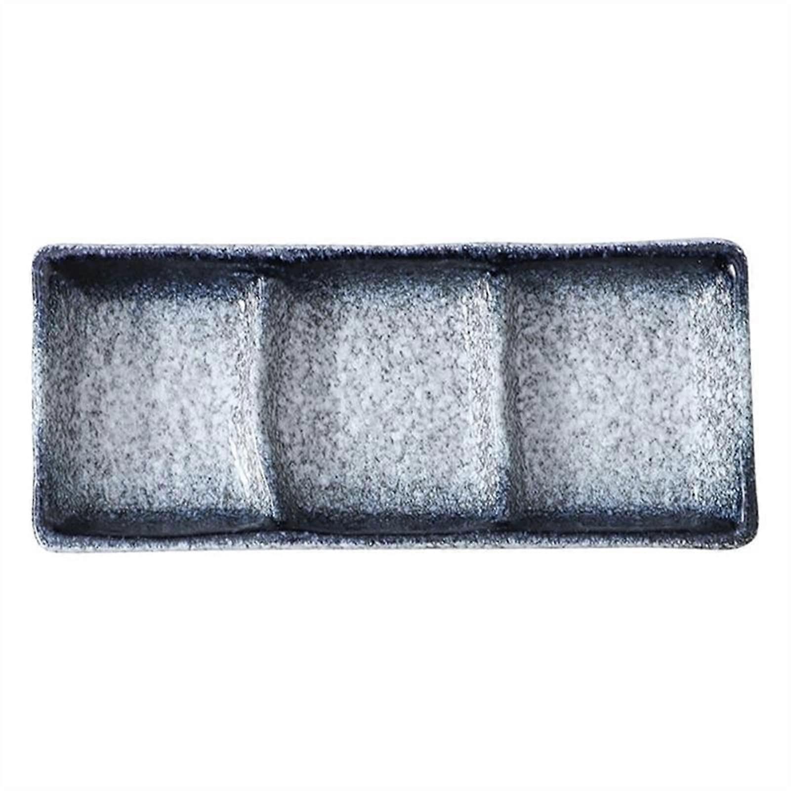 Blue Ceramic Sauce Dish Three Grid Appetizer Serving Tray for Sushi Soy Vinegar Mustard