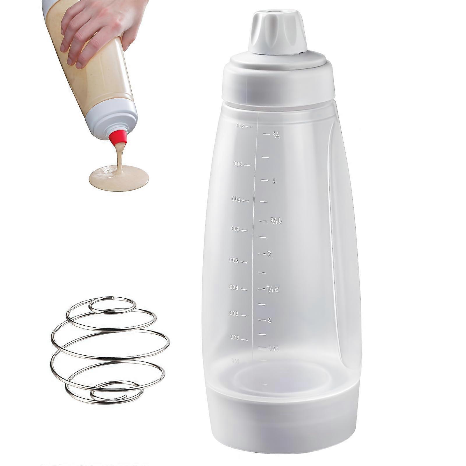 Pancake Batter Dispenser with Mixing Ball, 33oz Easy Pour Pancake Mixer Bottle with Measurements