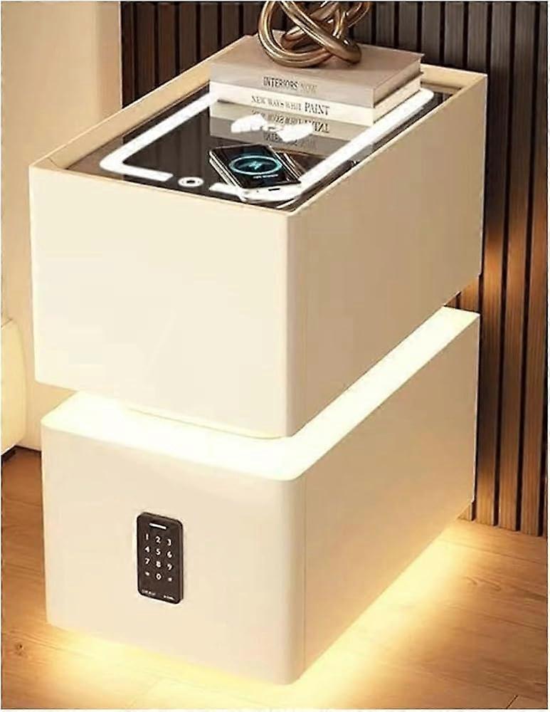 Narrow Nightstand with Charging Station, LED Light and Password Lock, Solid Wood 35cm Beige