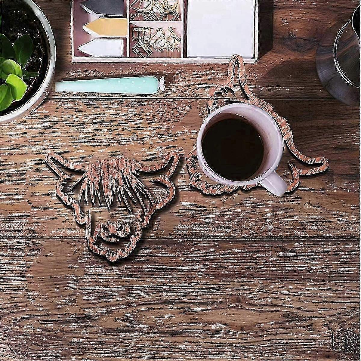 4pc Wooden Coasters Scottish Cow Design Includes Base