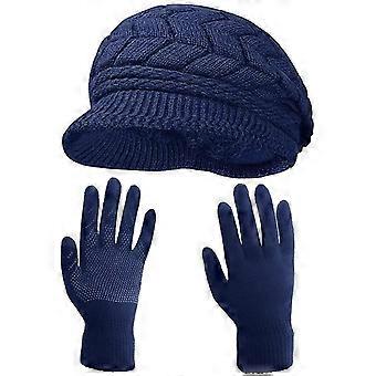 Bonnets et gants d'hiver chauds en maille pour femmes, idéaux pour le ski et les activités de plein air. Compatibles avec les écrans tactiles. (Bleu marine)