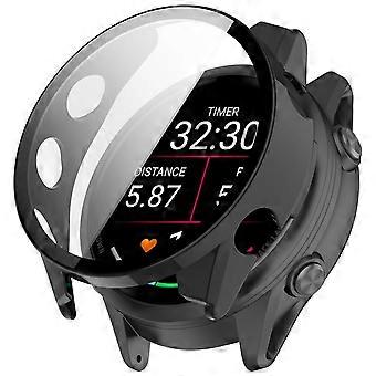 For Garmin Forerunner 570 47mm Plastic Protective Case + 9H Tempered Glass Black