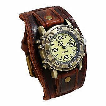 Vintage Steampunk Analog Quartz Watch, Wide Leather Strap, Round Case, Biker Style, Gift for Men and Women