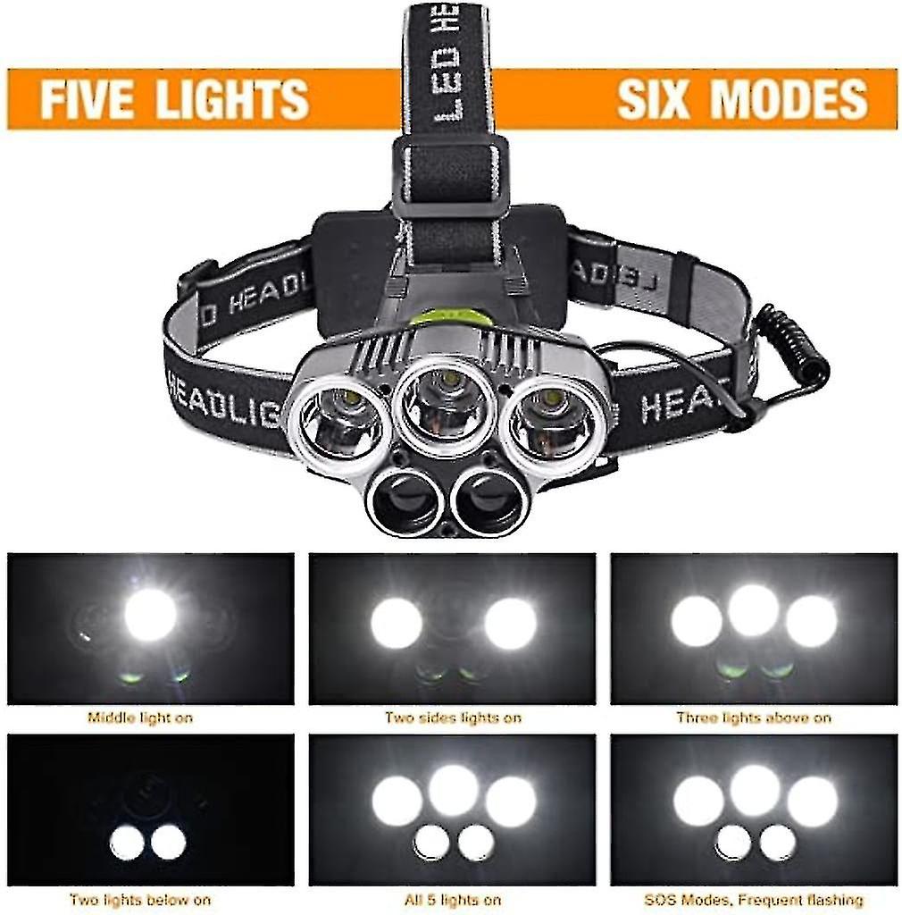 5 Led Six Mode Headlamps, Usb Rechargeable Waterproof Headlights For Outdoor