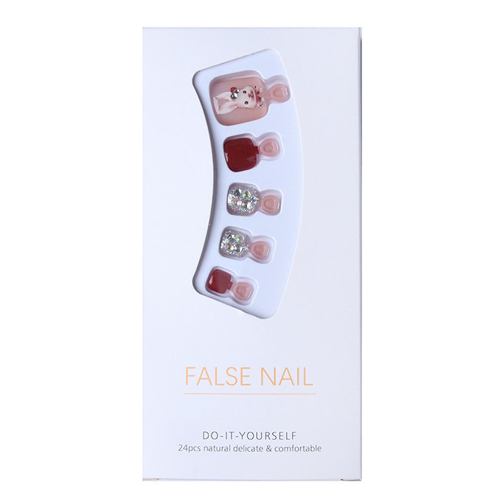 Reusable Nature Fake Toenails Super Sparkly Gel Toe Nails Tips With Cartoon Rabbit For Diy At-home Manicure Kit