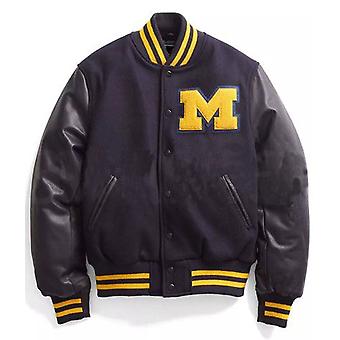 Mens Letterman Black Wool Black Leather Sleeves Michigan...