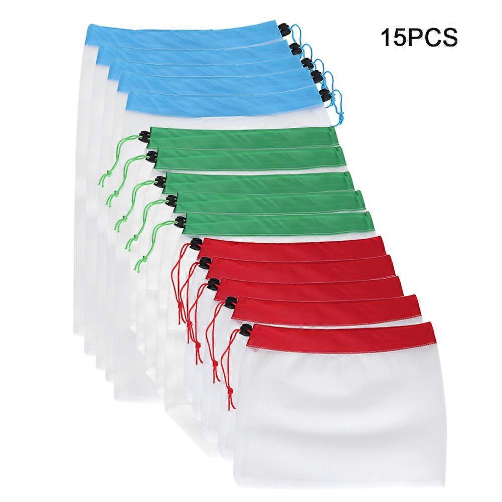 15Pcs Reusable Fruit Net Mesh Bag Drawstring Shopping Pouch Kitchen Storage Bags