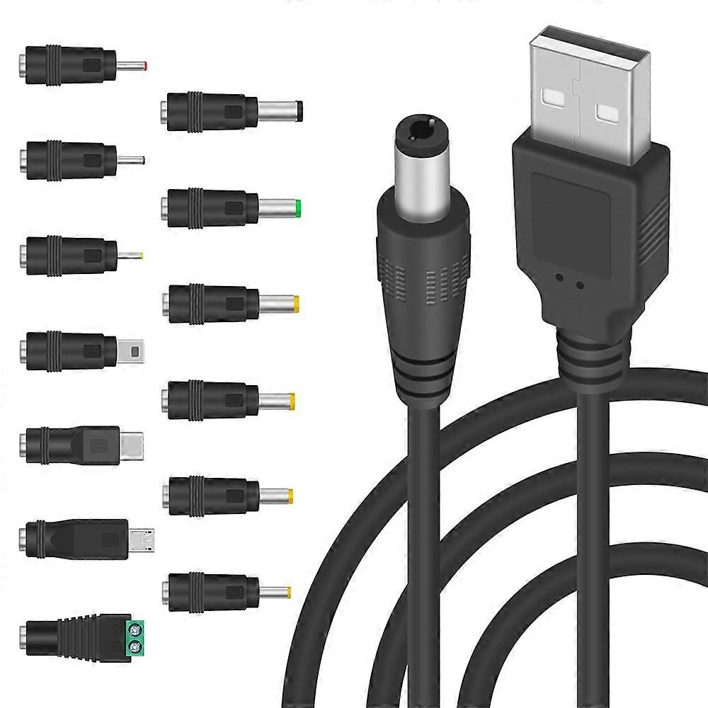 USB to DC power cable, with 13 interchangeable plugs, 5.5mm, 2.1, 5V DC