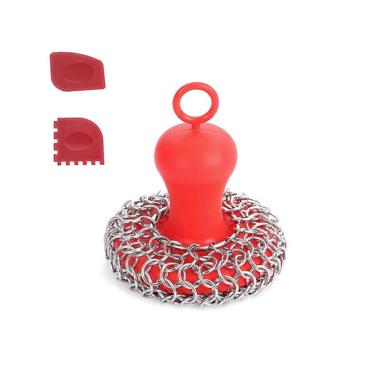 Cast Iron Chainmail Scrubber + Pan , Stainless Steel Skillet Cleaner, Tool for Cast Iron Pans Red
