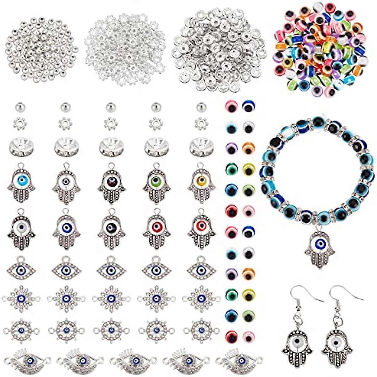 40Pcs Evil Eye Charms and Links with 100pcs Round Evil Eye Resin Beads 200Pcs Flat Round Spacer Beads 100Pcs Flower Daisy Spacer Beads and Other Acces