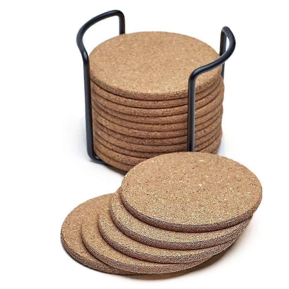 cork coasters round 16pc with metal holder storage caddy 1/5inch