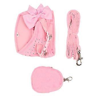 S søt rosa sløyfe Rhinestone dekorasjon pustende justerbart hundebånd sett for små hunder katter