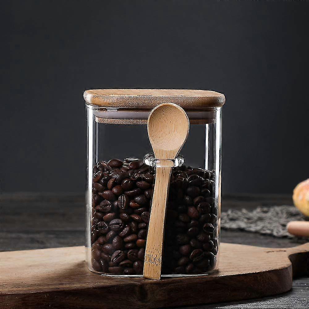 1000ml Square Glass Food Jar With Spoon And Lid, Reusable Spice Jar Kitchen Food Storage Container