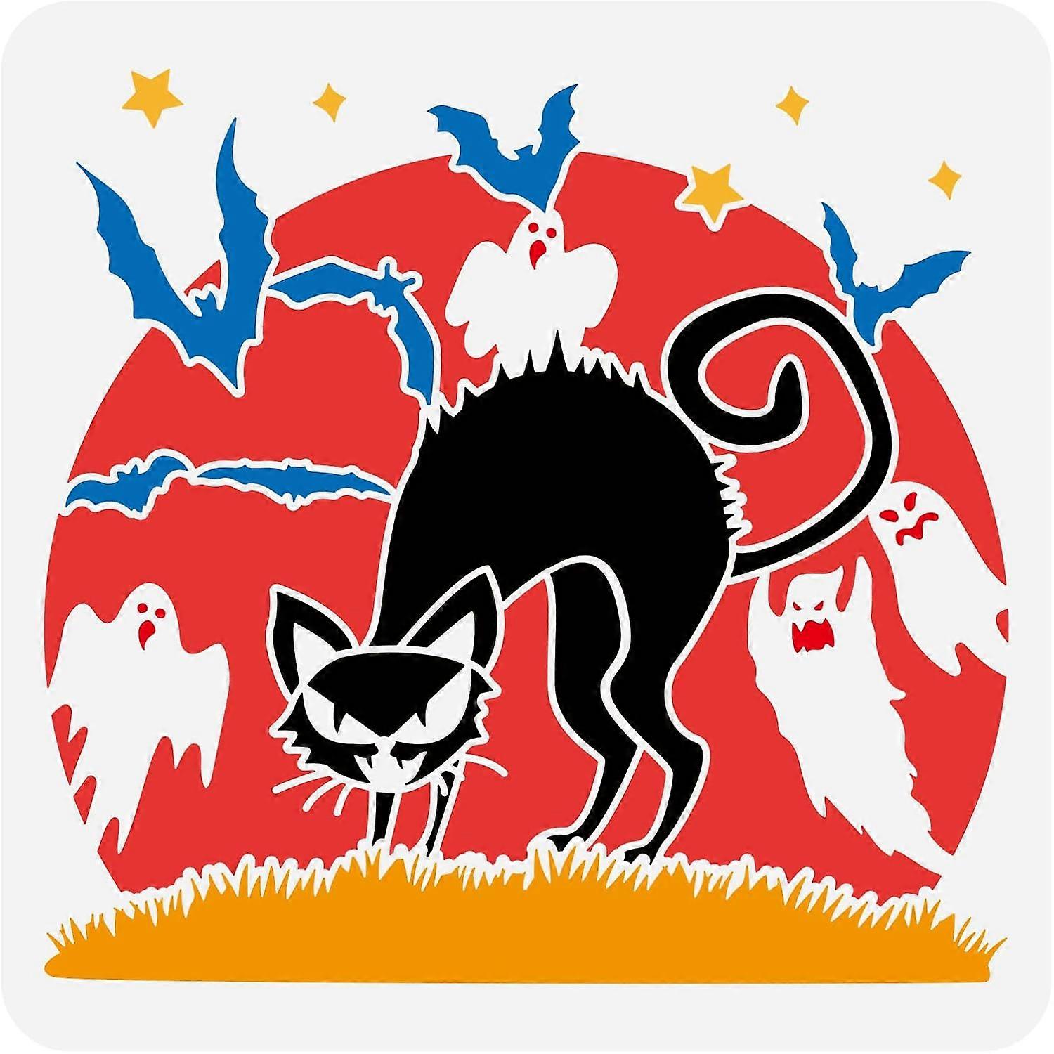Halloween Cat Stencil 11.8x11.8 inch Black Cat Stencil Template Plastic Cat Bat Ghost Stars Patterns Stencil Reusable Drawing Painting Stencils for DI