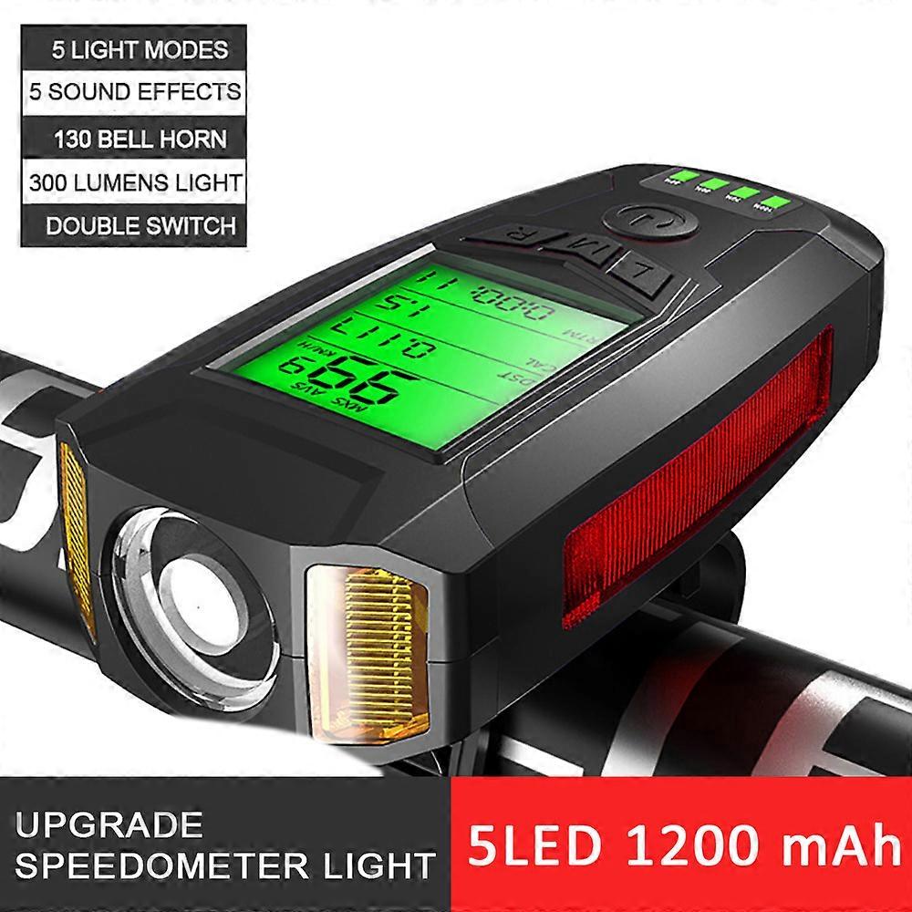 5 In 1 Bike Light USB Charge Bicycle Light With Bicycle Computer LCD Speedometer Odometer Waterproof 5 Modes Horn Cycling Lamp