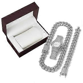 3pcs Elegant Rhinestone Golden Necklace Watch Bangle Suit Women Hiphop Jewelry
