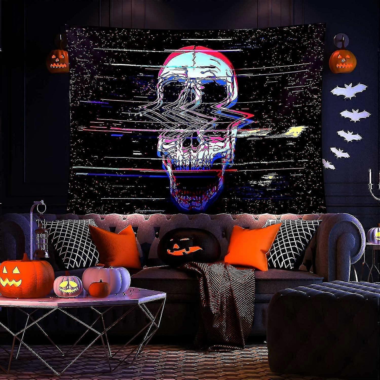 Skull Tapestry, Black Psychedelic Psychedelic Tapestry Glows In The Dark,  Uv Reacts Black Light, image size:1500x1500