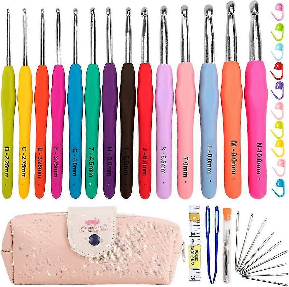 All-in-One-Häkelnadel-Set, 14 Stück weiche Griff Stricknadeln + 10 Stück Häkelschlösser + 9 große Augen Hand Nähhaken + Häkeletui, für Erwachsene betteln