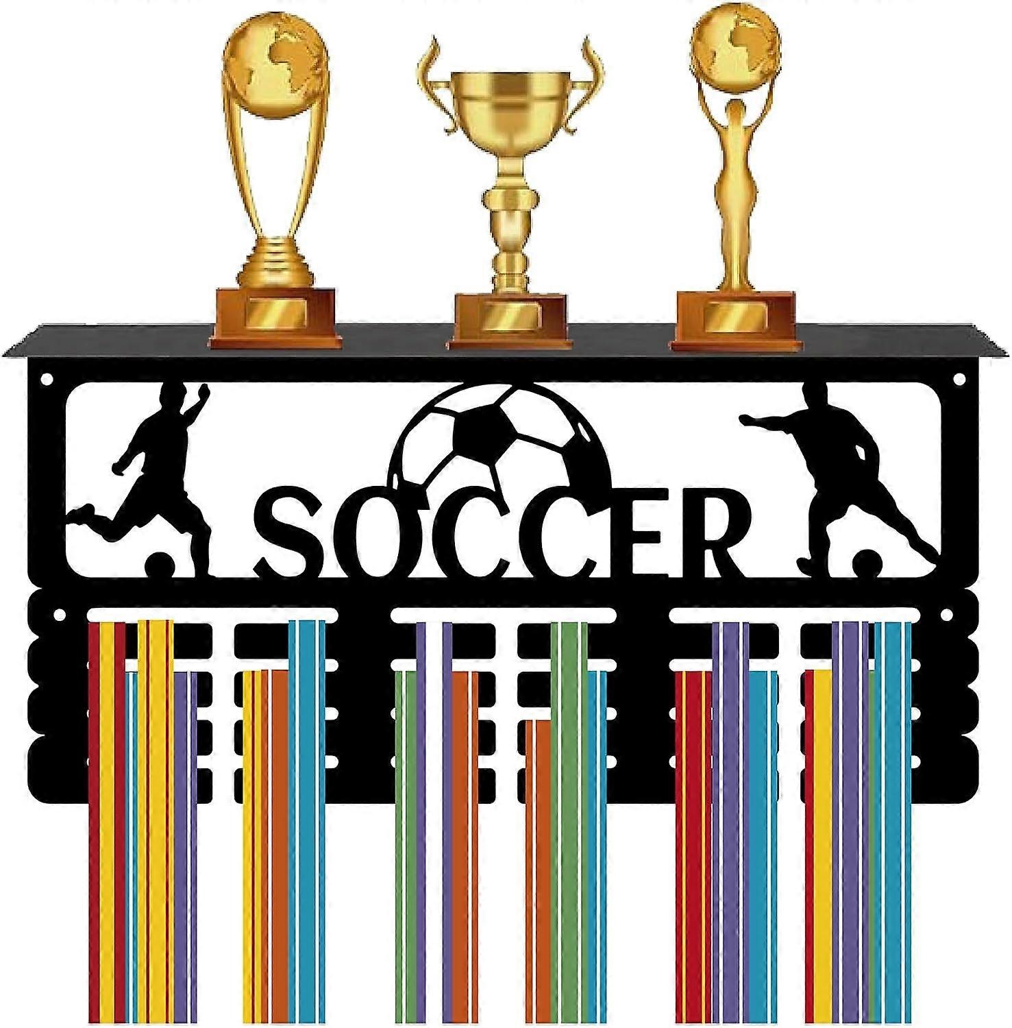Soccer Medal Display Hanger Trophy Shelf with 24 Hooks Trophy Hanger Metal Rack Wall Mount Medal Ribbon Display Holder Hanger for Gymnastics Running B