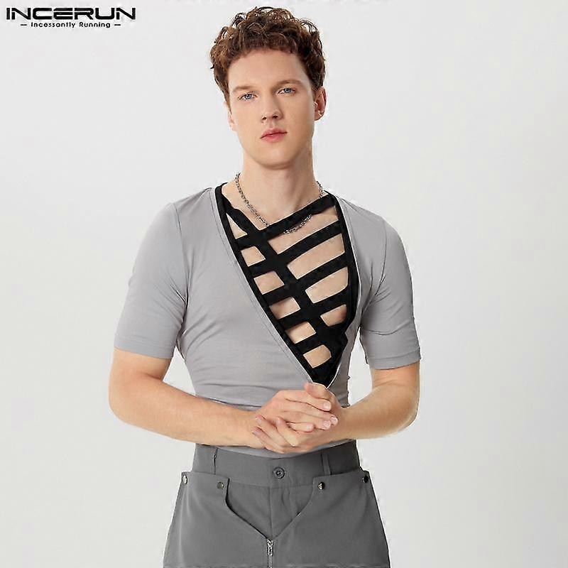 INCERUN Men V-neck Hollow Out Patchwork Short Sleeve T-Shirts