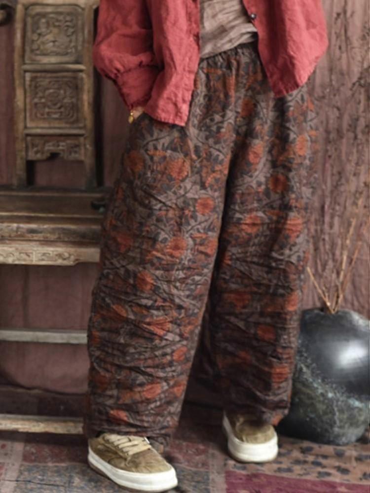 Johnature Women Vintage Linen Wide Leg Pants Elastic Waist Print Floral Spring Trouser Loose Chinese Style Soft Long Pants