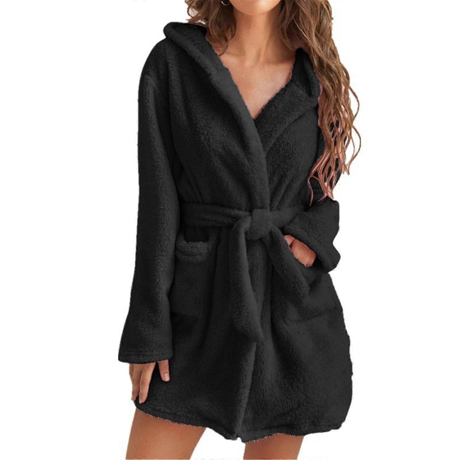 Womens Hooded Fleece Robe,Thick Warm Plush Bathrobe,Fuzzy House