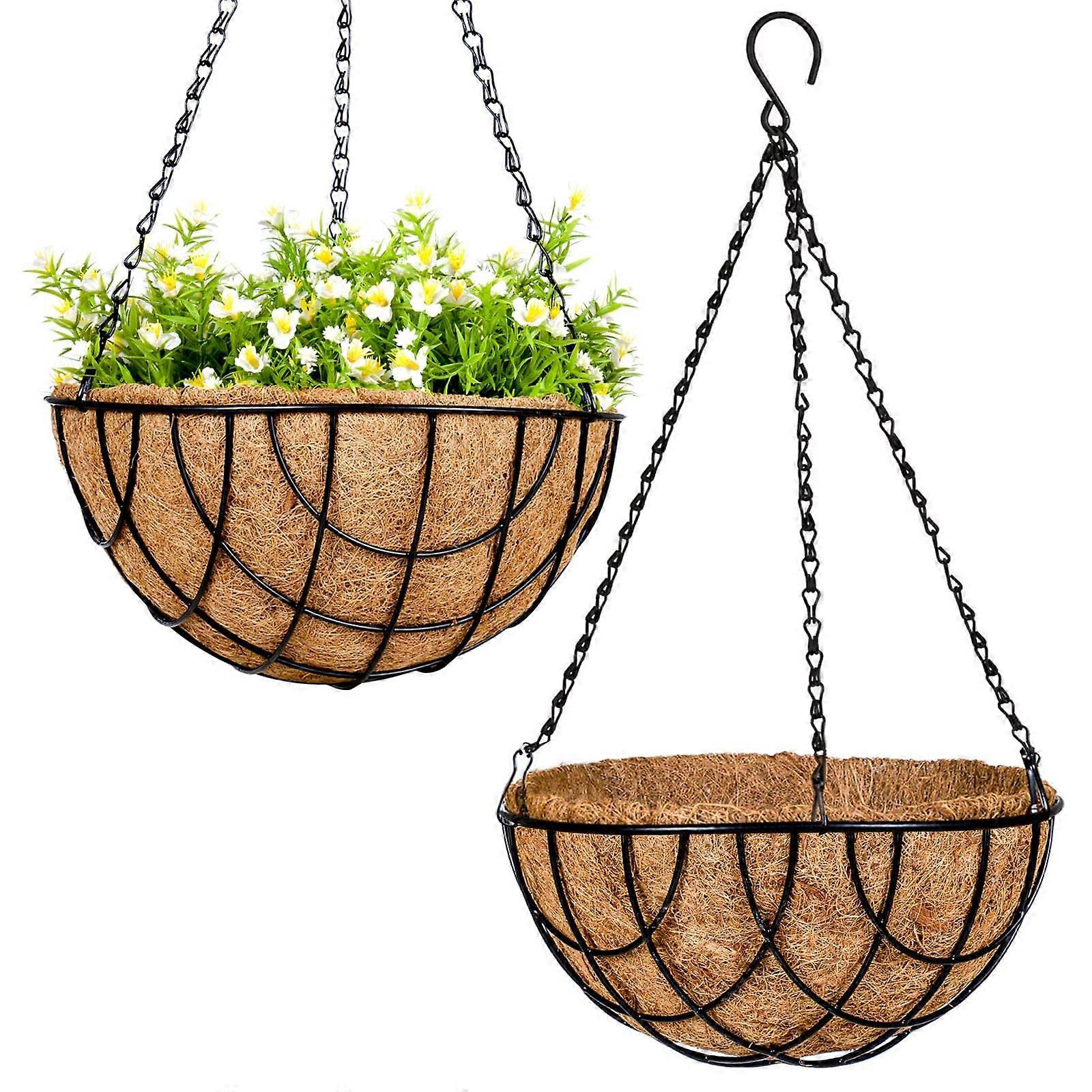 Wire Hanging Planter Basket Flower Pots for Plants Outdoor with Coco Liner - 10 Inch Grid Pattern Pot, 2 Pack