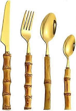 Bamboo Silver Goods Set - Natural Bamboo Fork Set - Bamboo Knife Fork Set and Materials - Handmade 4 Piece Sets (Gold)