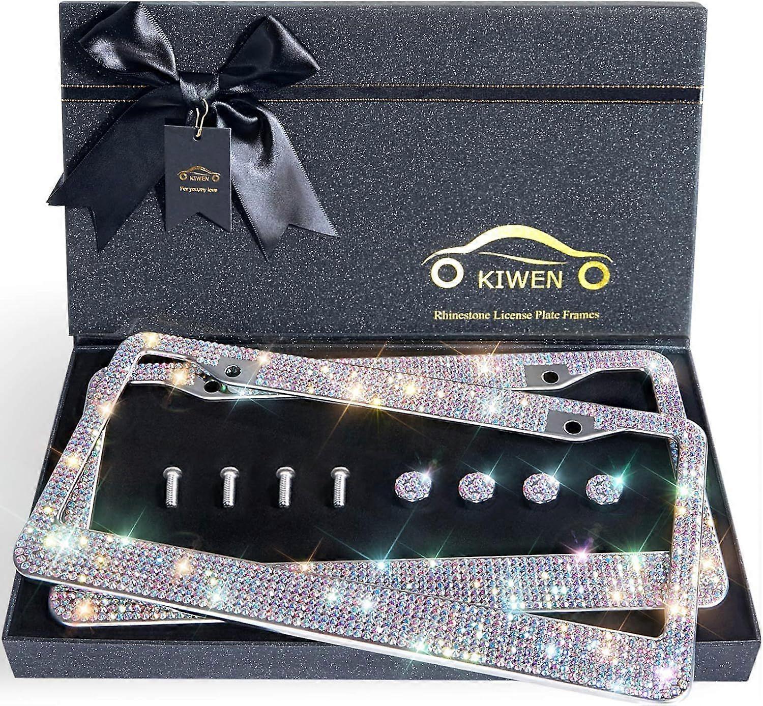 SQCLV Bling License Plate Frames with High End Ribbon Gift Box,2 Pack Rhinestone Handcrafted Crystal Premium Stainless Steel License Plate Frame for W