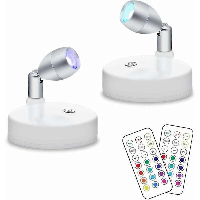 2 Pack Wireless RGB LED Spotlight, Battery Powered Accent Lighting, Mini Dimmable Indoor Puck Light with Remote Control