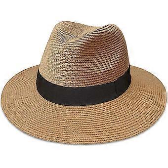 Womens Straw Panama Hat, Wide Brim Beach Sun Hats Summer Foldable Travel Sunhat UPF50