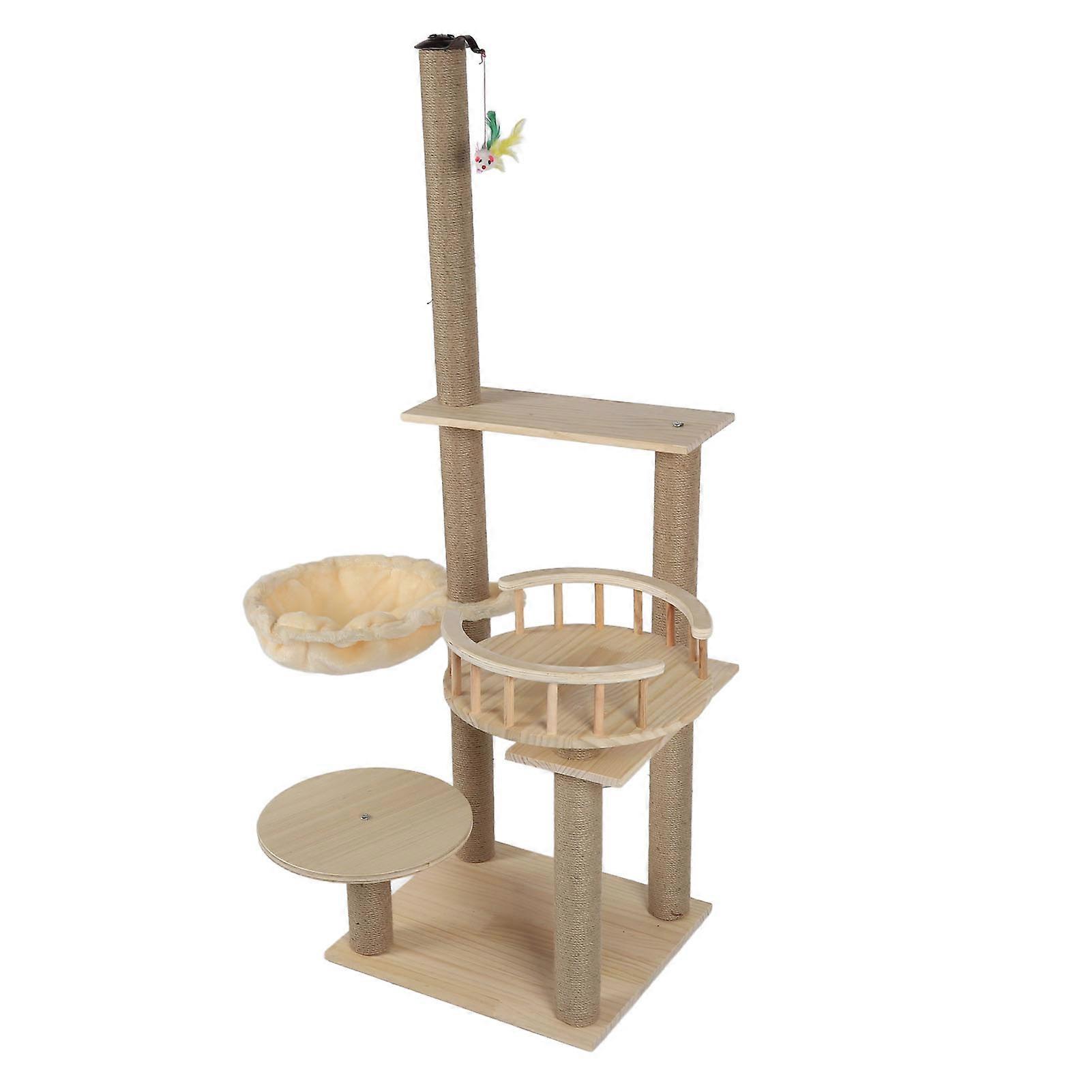 Cat Tree Multilevel Cat Climbing Tower Hemp Cable Covered Scratching Post with Hammock Dangling Toy 
