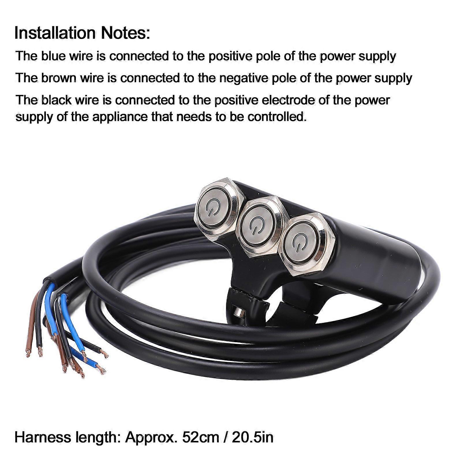 22mm Motorcycle Switch 3 Buttons Waterproof Handlebar Mount with LED Blue Light Aluminium Alloy 12V