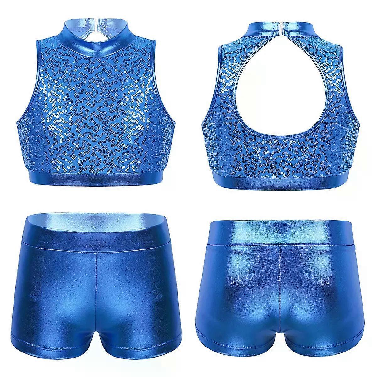 Kids Girls Jazz Dance Outfit Shiny Sequin Sleeveless Hollow Out Crop Top with Shorts Set for Tap Hip Hop Dance Stage Performance